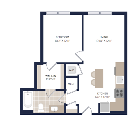 Floor plan for 1 bed, 1 bath, 599 sqft